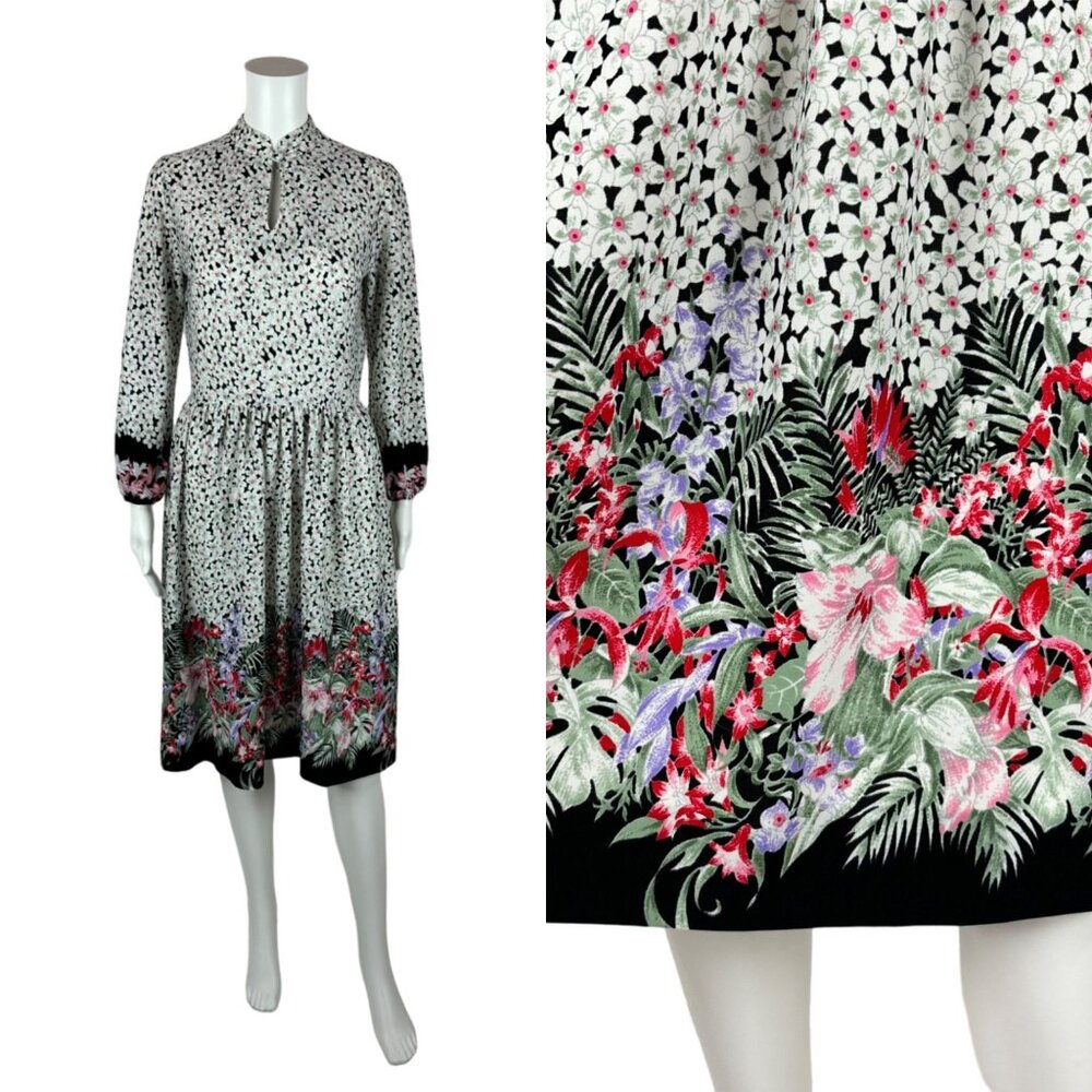 Vintage 70s Floral Dress Women's Small Border Print Pink Keyhole Neckline Sheath